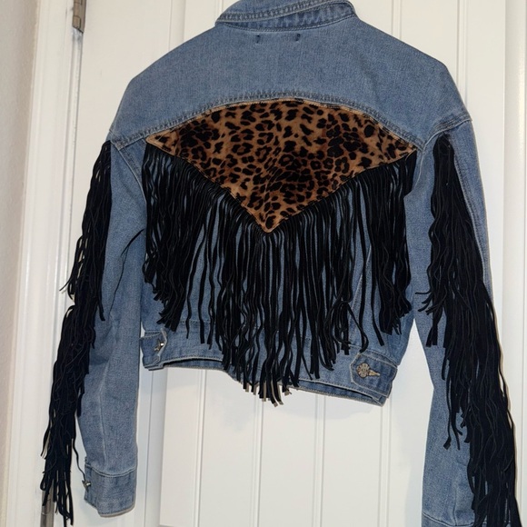 SHEIN Jean Jacket Blue and Black with Fringe and Animal Print - Picture 11 of 13